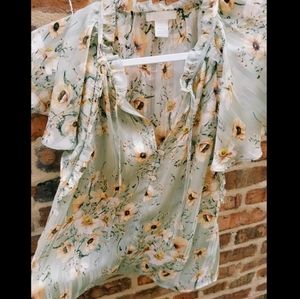 H&M Light Green Silky See-through Floral Blouse